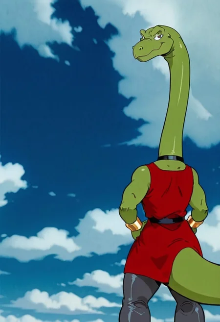 score_9, score_8 up, score_7, 8K, In'ei, traditional animation cel, perfect depth of field shot, beautiful, sharp focus, crisp details, 90s animation, masterclass animation, photographic realism, source_anime, 

green female brontosaurus, red slip-dress, dark gray leggings/pantyhose, gold bracelets, black choker, brown eyes. feminine face, feminine eyes, eyeshadow, knowing smile, cute, gentle expression. 

exterior, detailed anime sky with clouds, dynamic action, bent leg, nature, in the style of the cartoon Dinosaucers, 80s cartoon, punch, black linework with flat anime color, heroic pose, smiling, three toes per foot