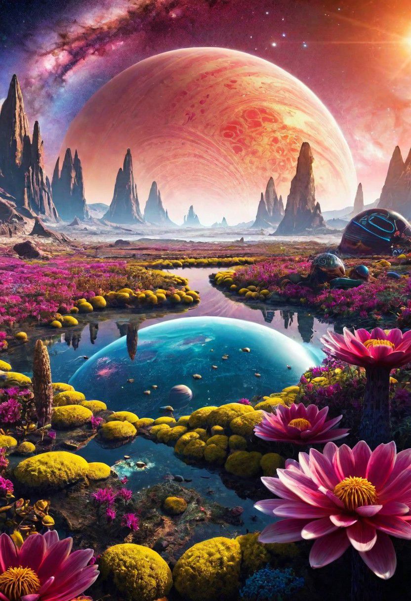 an image of a cosmic garden on an alien planet, where technology integrates with alien flora, creating a symbiotic ecosystem of technology and nature.