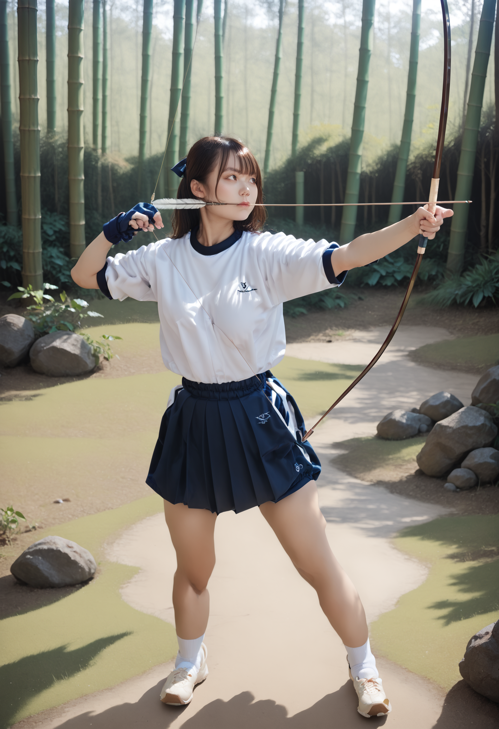 zPDXL3,1girl,full_body,standing,open_stance,outdoors,bamboo forest,medium breasts,<lora:Pony_DetailV2.0:1> BREAK
kyudo-aiming,holding bow \(weapon\),drawing bow,bow_string,arrow \(projectile\),aiming,partially fingerless gloves,yugake,closed mouth,gym uniform,pleated shirt,socks,shoes,<lora:kyudo-aiming-pony-v30:1>,