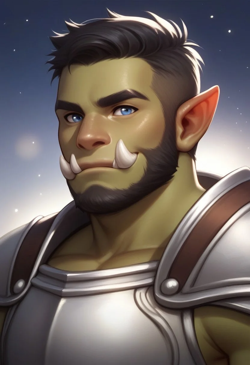 score_9, score_8_up, score_7_up, rating_safe, 1boy, solo, male focus, mature male, orc, green skin, tusks, blue eyes, short hair, black hair, facial hair, beard, mustache, looking at viewer, armor, shoulder armor, breastplate, pauldrons, upper body, closed mouth, standing, outdoors, night, night sky, dark background