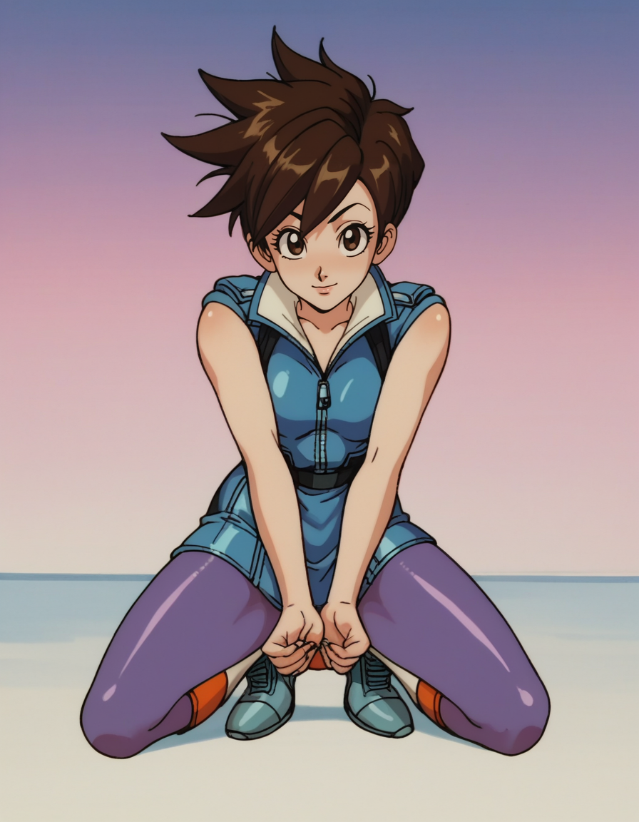zPDXL, score_9, score_8_up, score_7_up, score_6_up, score_5_up, 4k, absurdres, looking at viewer, <lora:Perfect Hands:0.8> Perfect Hands, 1girl, solo, 
Tracer, short hair, brown hair, :\3, w_arms, lace-bodysuit, leather-skirt, over-the-knee-boots, pantyhose,
 <lora:EarlyAkira_v4:1> drgbls1, retro artstyle, 1980s \(style\), anime coloring,