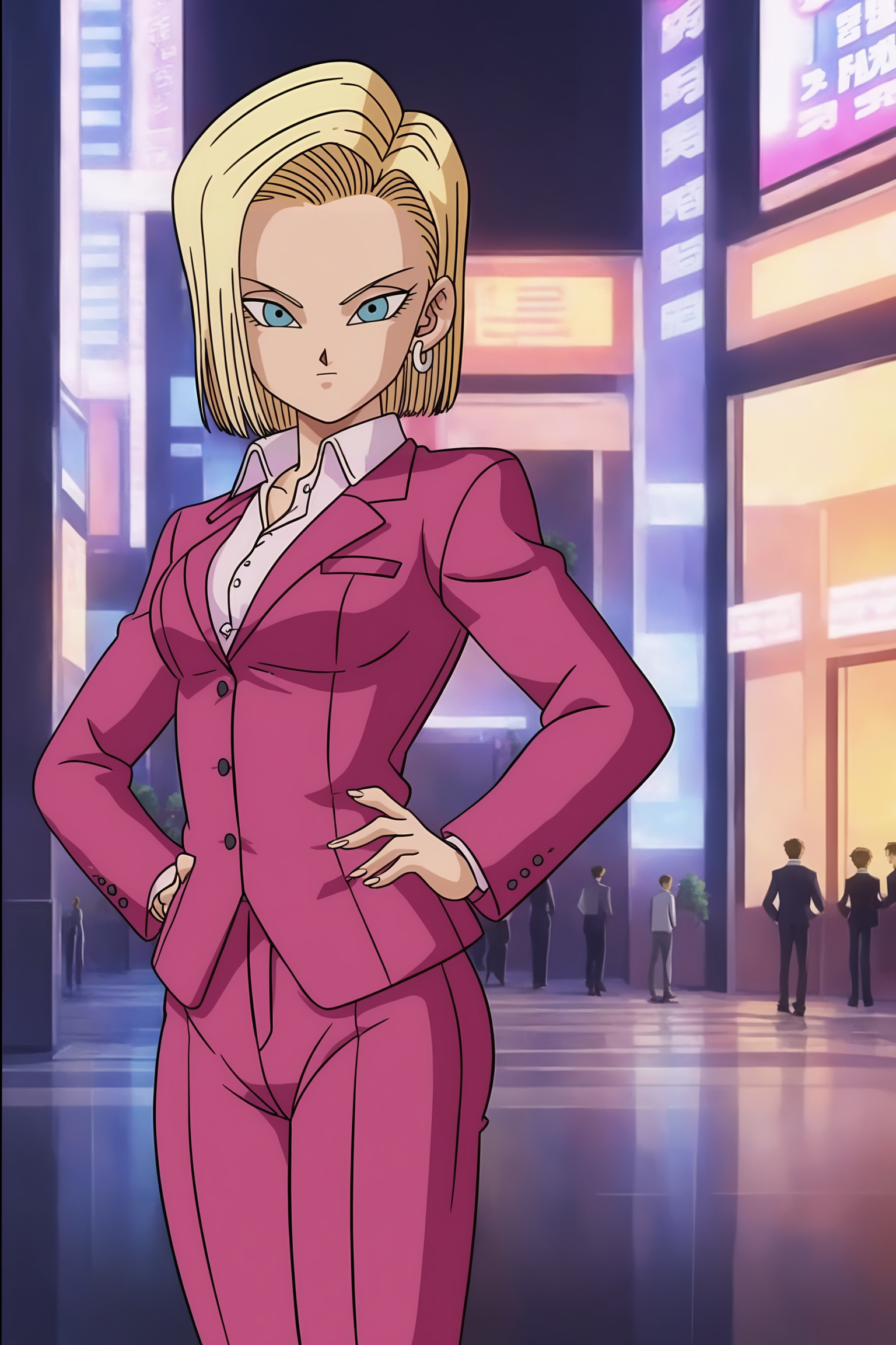 source_anime, score_9, score_8_up, score_7_up, anime screencap, absurdres,
android 18, super suit, official style, 1girl, solo, looking at viewer, short hair, blue eyes, blonde hair, collared shirt, pink shirt, pink jacket, pink pants, silver earring, pants, formal, suit, hands on hips, pink suit, collarbone, cowboy shot, city, v-shaped eyebrows, v-shaped eyes, eyelashes, fingernails
 <lora:c18_v1:0.8>