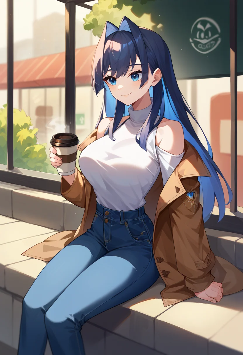 score_9, score_8_up, score_7_up, KroniiCasual, long hair, hair intakes, white turtleneck, shoulder cutout, brown coat, jeans, smile, sitting, outdoors, coffee shop, <lora:CHAR-OuroKroniiPonyXL:1>