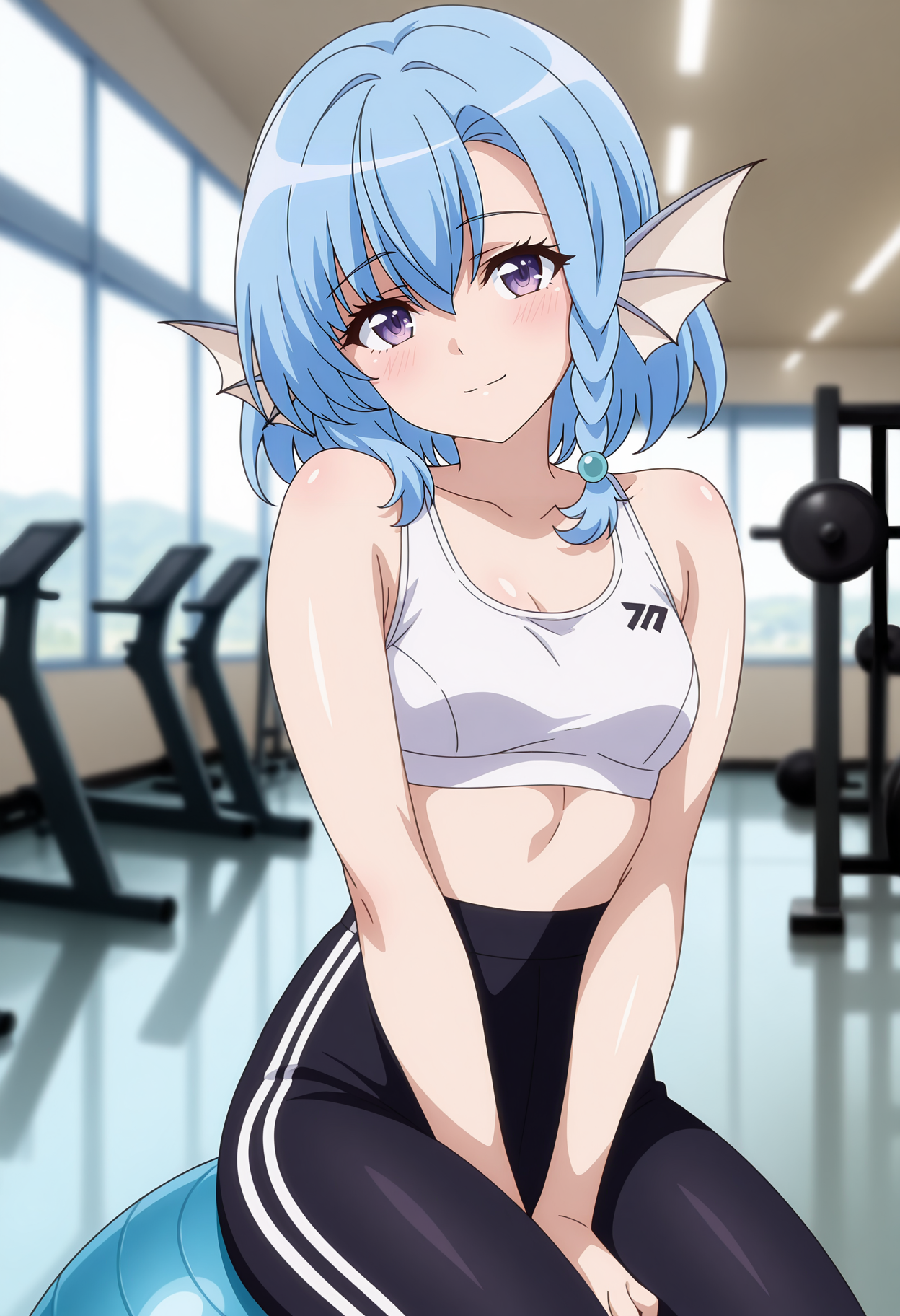 anime screencap, masterpiece, best quality,
<lora:EnjoKouhai_LeucosiaElliot_IlluXL:0.9>,
1girl, solo, closed mouth, light smile, blush, head tilt,
side braid, medium hair, blue hair, purple eyes, hair bobbles, head fins,
sportswear, white sports bra, small breasts, high-waist pants, black leggings,
sitting on object, exercise ball, own hands together, between legs, looking at viewer, cowboy shot,
gym, photo background, blurry background