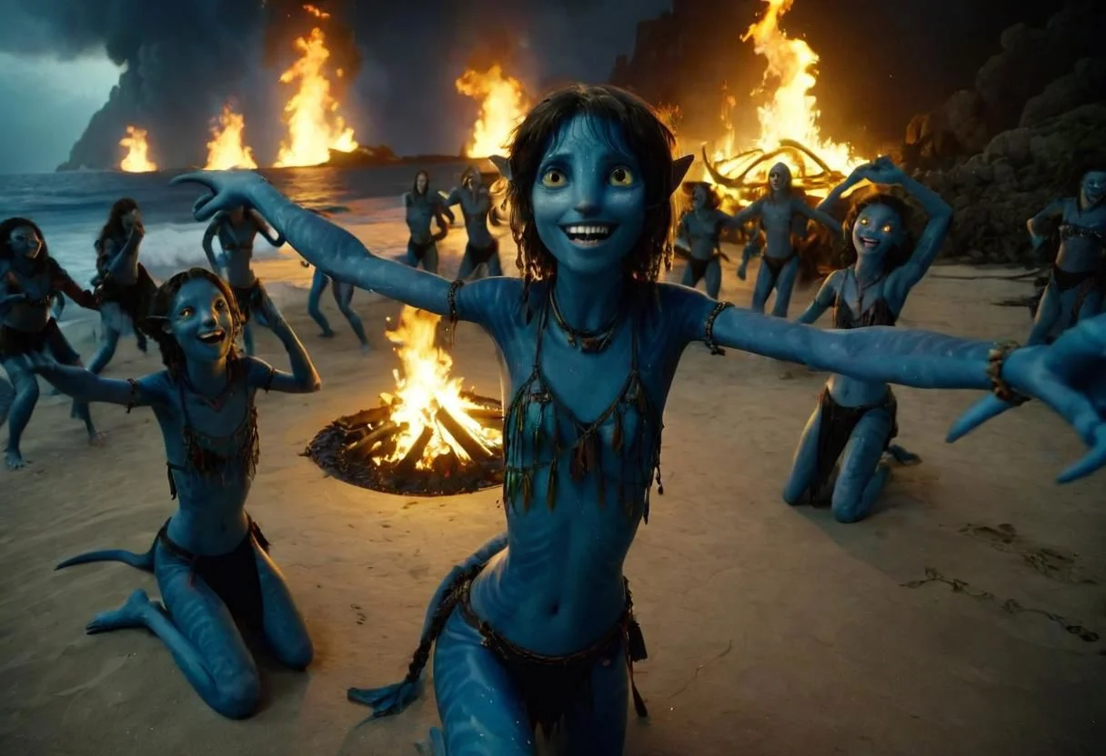 Kiri is ((dancing)) [on the knees] in circle of her blue-skinned sisters on beach sand, closeup, hands above the head, smiling, laughing, big eyes wide open, (night, darkness, lit by the flames of torches and campfires, beautiful nature and sea with (((high surf)))) on background, SK_CINEMATIC