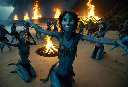Kiri is ((dancing)) [on the knees] in circle of her blue-skinned sisters on beach sand, closeup, hands above the head, smiling, laughing, big eyes wide open, (night, darkness, lit by the flames of torches and campfires, beautiful nature and sea with (((high surf)))) on background, SK_CINEMATIC