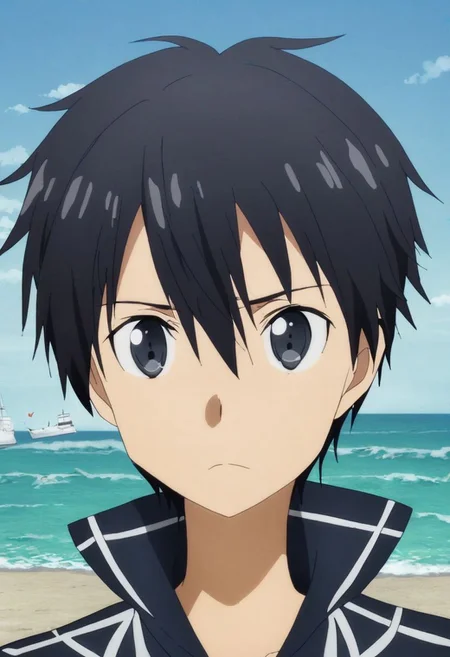 high resolution, solo, best quality, 1Boy, Kazuto Kirigaya, Black Hair, Black Eyes, sea, bow cruise ship, stong wind, ocean, OverallDetail