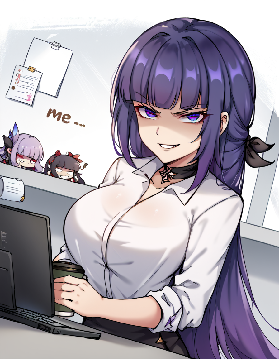 score_9, score_8_up, score_7_up, source_anime, <lora:raiden-mei-office-lady-ponyxl-lora-nochekaiser:1>, raiden mei, long hair, purple hair, bangs, purple eyes, blunt bangs, bangs, gradient hair, hair ribbon,, office lady, white shirt, shirt, pantyhose, skirt, black skirt, long sleeves, large breasts, choker, black choker, sleeves rolled up, home office, working from home, computer screen, coffee cup, focus, deadline, , <lora:just-as-planned-ponyxl-lora-nochekaiser:1> just as planned, just as planned (meme), meme, death note (object), parody, evil grin, evil smile, smirk, shaded face,, looking at viewer, solo,, dutch angle, cowboy shot