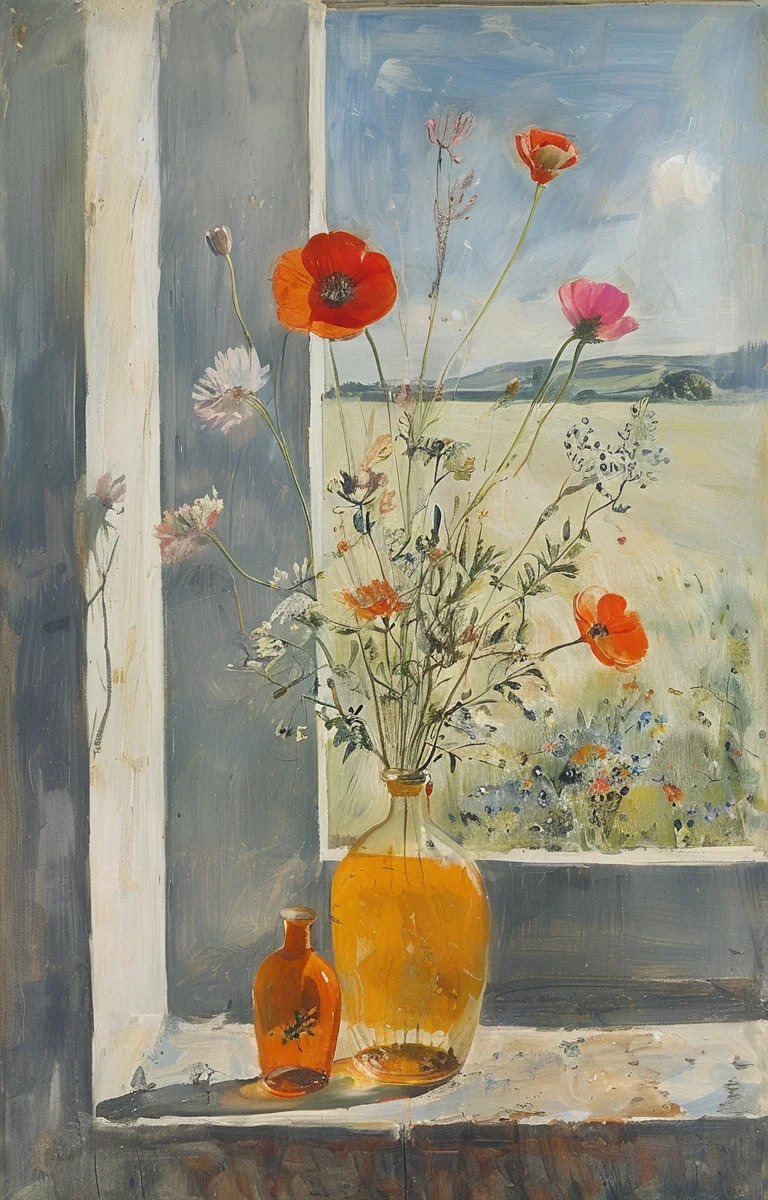 masterpiece,best quality,<lora:tbh241-sdxl:0.9>,illustration,style of Winifred Nicholson A bottle of perfume in garden