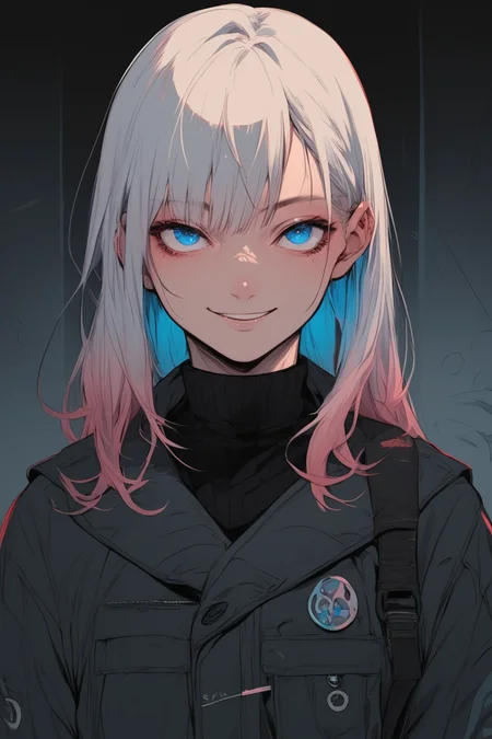 score_9, score_8_up, score_7_up, score_6_up, score_5_up, score_4_up, cowboy shot, androgynous, blue eyes, smile, dimples, BREAK colored hair, white, pink, long hair, BREAK sinozick style, <lora:Sinozick_Style_XL_Pony:.7> <lora:mfcgXL:.2> <lora:detail_eyes:.25>