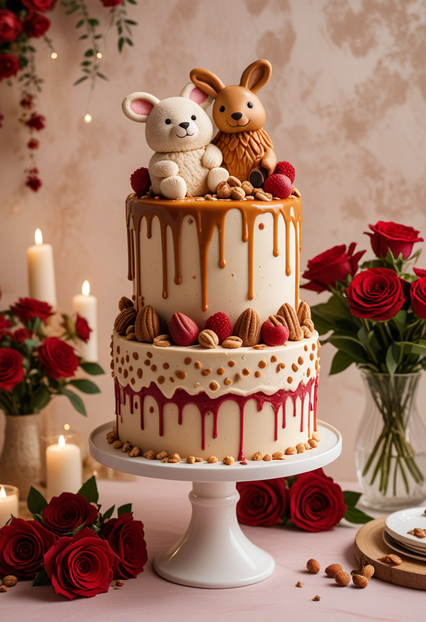 (medium full shot) of A caramel beige ice cream cake red velvet cake with jelly filled, animal-shaped shape, candied nuts, icing patterns , placed on a floral stand, located in  a fun anniversary celebration, featuring themed decor, warm lighting, cozy seating, personalized touches, Masterpiece,best quality, photo, realistic, very aesthetic,