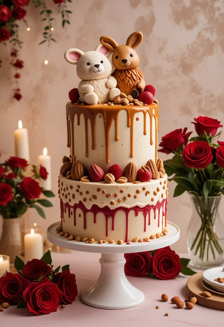 (medium full shot) of A caramel beige ice cream cake red velvet cake with jelly filled, animal-shaped shape, candied nuts, icing patterns , placed on a floral stand, located in a fun anniversary celebration, featuring themed decor, warm lighting, cozy seating, personalized touches, Masterpiece,best quality, photo, realistic, very aesthetic,