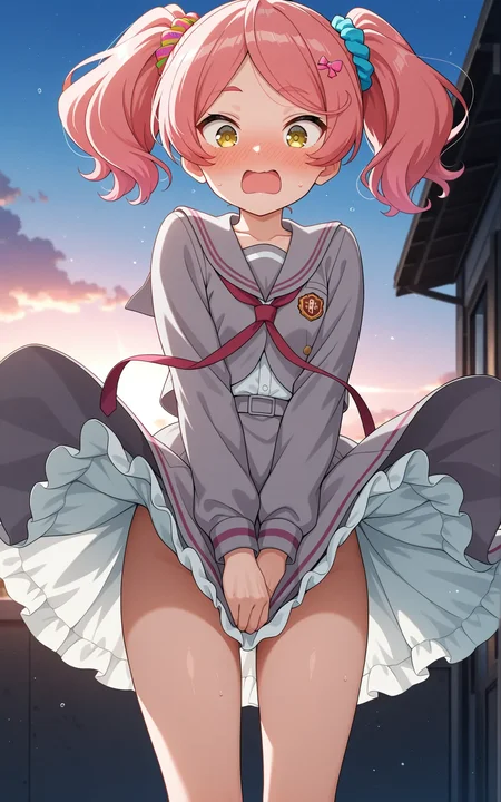 masterpiece,best quality,good quality,amazing quality,newest,4k,perfect lighting,cinematic,very aesthetic,official art,anime screencap,anime coloring,outdoors,
1girl,solo,makise subaru,pink hair, twintails,hair ornament,scrunchie,yellow eyes,collarbone,school uniform,dress,grey shirt,long sleeves,grey skirt,thighs,
standing,blush,embarrassed,surprised,wide eyes,open mouth,looking down,skirt lift,wind lift,covering crotch,implied pantyshot,BREAK
<lora:ILsubaru:1>