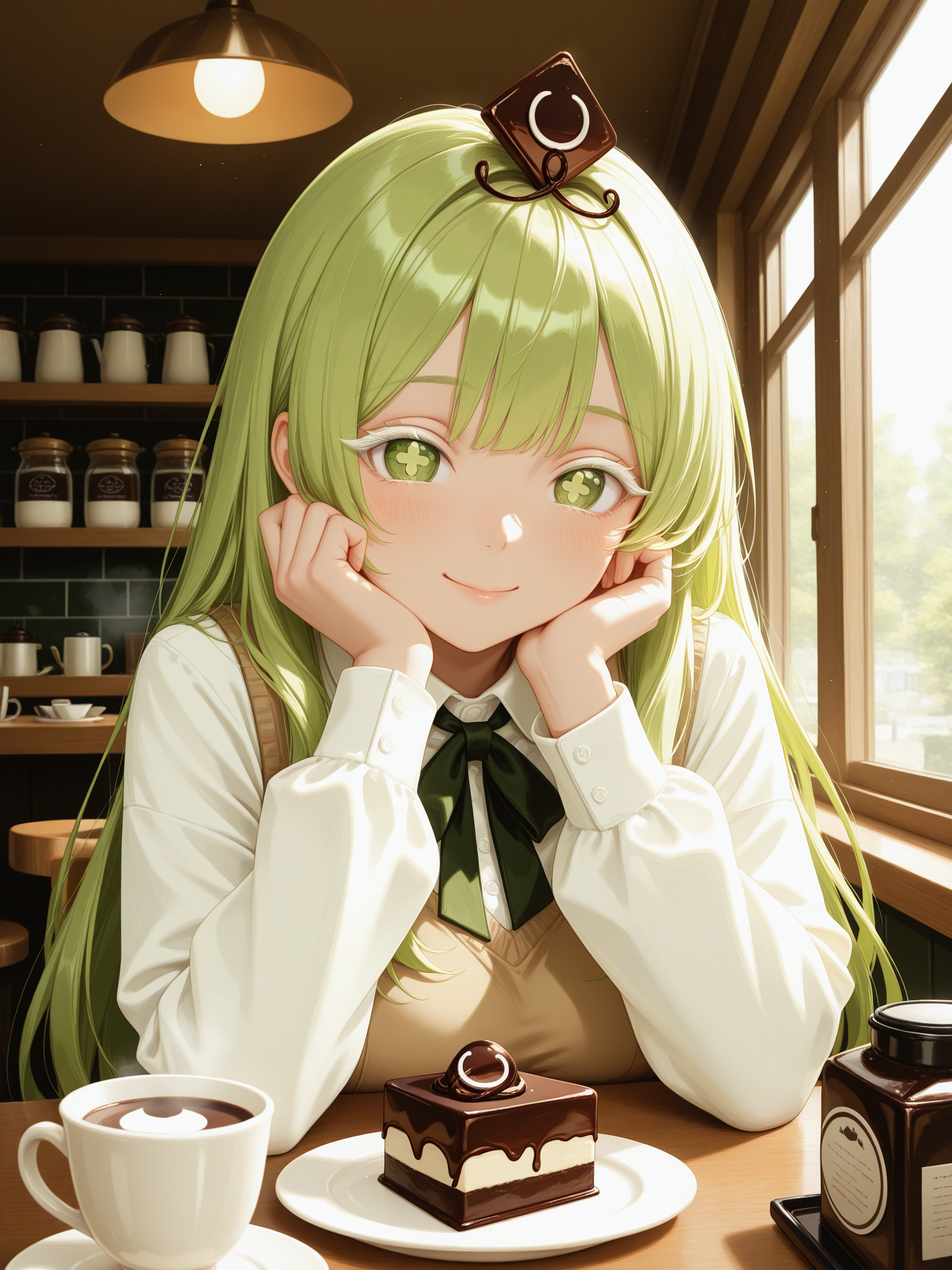 <lora:CRK_GTMXL:1> CRK_GTMousse, 1girl, long hair, green hair, white eyelashes, cross-shaped pupils, chocolate hair ornament, <lora:cfg_scale_boost:0.5> <lora:spo_sdxl_10ep_4k-data_lora_webui:0.4>, smile, lazypos, cafe, indoors, coffee, mousse \(food\),