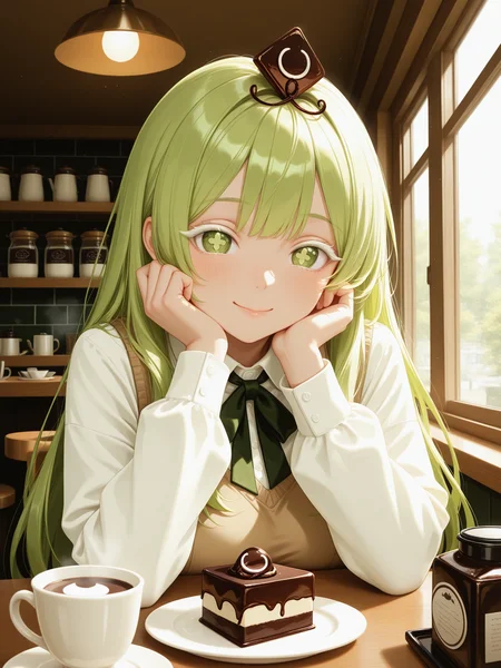 <lora:CRK_GTMXL:1> CRK_GTMousse, 1girl, long hair, green hair, white eyelashes, cross-shaped pupils, chocolate hair ornament, <lora:cfg_scale_boost:0.5> <lora:spo_sdxl_10ep_4k-data_lora_webui:0.4>, smile, lazypos, cafe, indoors, coffee, mousse \(food\),