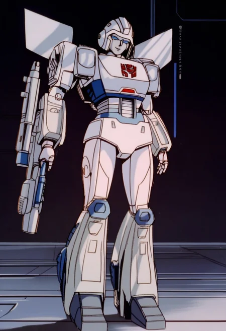 score_9, score_8_up, score_7_up, animation, transformers, 1girl, robot, Decepticon, Tall, slim, Seeker, Starscream glowing eyes, blue eyes, large eyes, circular eyes, white armor, Forard swept wings, transforms into futuristic Stelth Mig Fighter Jet, full body, cowboy shot, smiling, holding null ray blasters, Decepticon Symbol, outer leg armour wrapped around legs (curvy, wider at bottom, knee joint)
<lora:StarScream1.2:1>