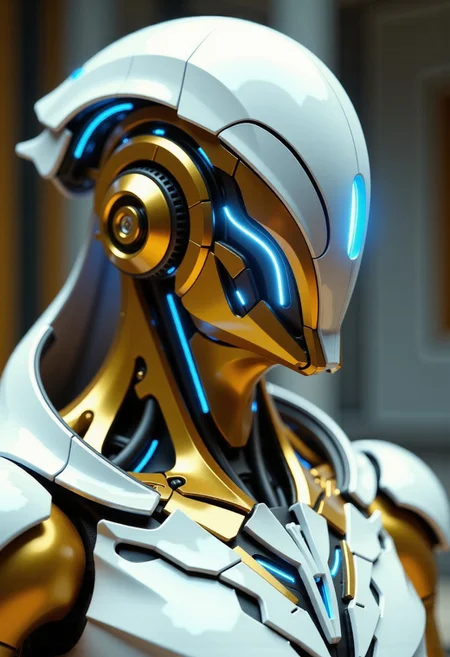 in the style of ckfa, Photorealistic portrait of a faceless android warrior, forged with the elegant, advanced technology and aesthetic of the StarCraft Protoss. Shown in a graceful quarter view, head held high with a slight contemplative tilt. Features a sleek helmet design with a flowing, golden V-shaped crest converging towards a central energy point, crafted from polished white and gold alloys. The helmet's sides are perfectly smooth, curving elegantly backwards. A brilliant, steady blue psi-energy glows softly from the central point and fine, inscribed conduits tracing the helmet's surface. Extremely intricate neck and upper torso are visible, displaying seamlessly layered golden and white plates with precise, glowing blue energy seams, suggesting advanced power systems and perhaps integrated Khaydarin crystal matrices. The design emphasizes smooth curves and technological sophistication over exposed mechanics. Set against a serene, out-of-focus background hinting at Protoss architecture or a Xel'Naga temple. Clean, ethereal cinematic lighting emphasizing the polished surfaces and radiant energy glow, hyperrealistic textures, shallow depth of field.