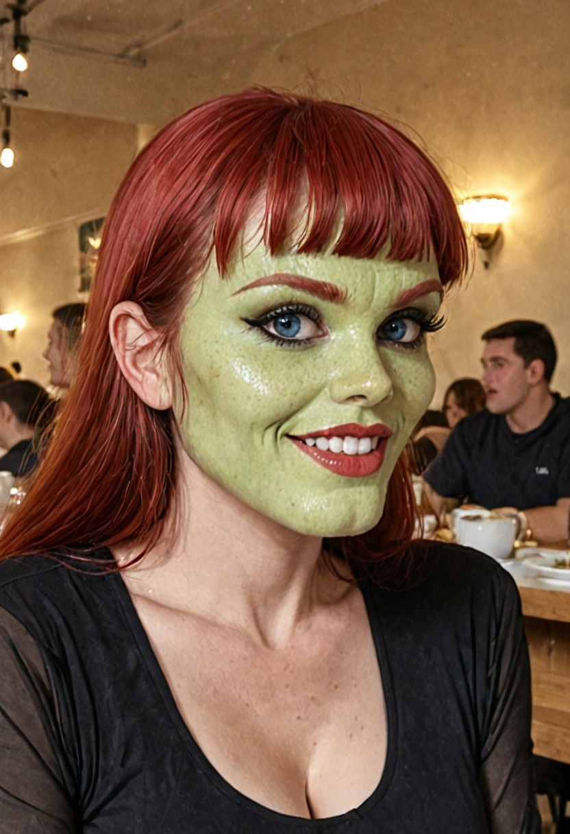 score_9, score_8_up, score_7_up, rating:explicit,  1girl, Mary Jane Watson, MJ, ((red hair)), blue eyes, large eyes, ((perfecteyes)), expressive eyes, slender face, ((dimples:1.3)), sharp cheekbones, cleft chin, extended eyelashes, (flared eyeliner:1.35), (makeup), BREAK, black dress, see-through sleeves, black high heels, sexy and alluring, long hair, cultured vibe, beautiful eyes, ((huge natural breasts)), (exposed breasts), (erect nipples), (showing breasts), ((playfully bats her eyelashes while pulling on her bottom lip:1.4)), tight body, slutty, (close-up), (head tilt), ((eyelids fluttering, nose crinkling, hint of a smirk)), (seductive), (open mouth), ((glossy lips)), (indoors), quiet restaurant, candid photo, dynamic angle, vibrant lighting, high contrast, dramatic shadows, highly detailed, detailed skin, depth of field, bokeh, zPDXLrl, zPDXL2, reddit, low quality, traditional media, amateur, real life photo, raw, film grain, green mask, \(The mask\), green skin, green face, large eyes: 1.22, cleft chin:1.22, high cheekbones:1.2, huge teeth:1.22, no eyebrows, no ears,