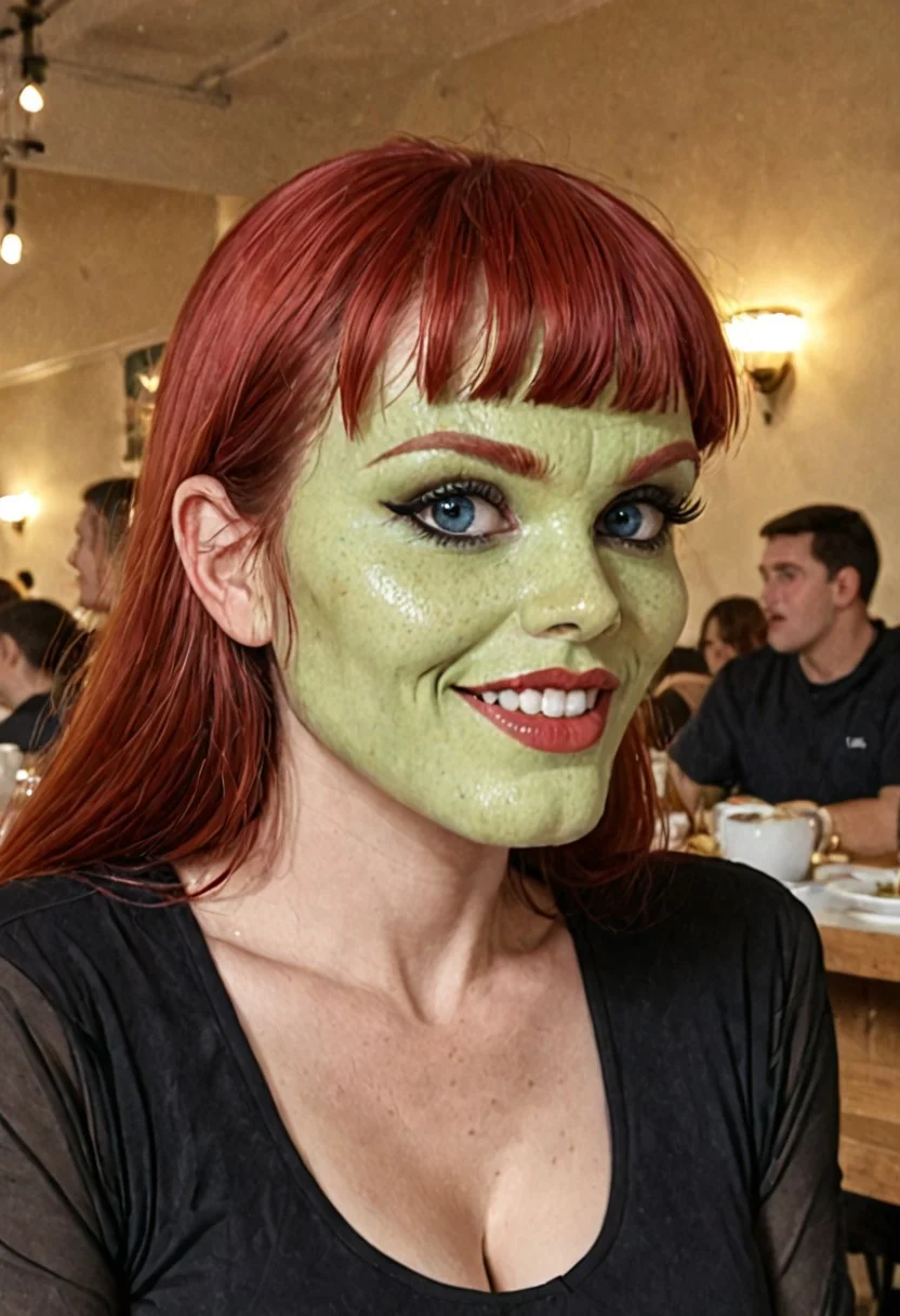score_9, score_8_up, score_7_up, rating:explicit, 1girl, Mary Jane Watson, MJ, ((red hair)), blue eyes, large eyes, ((perfecteyes)), expressive eyes, slender face, ((dimples:1.3)), sharp cheekbones, cleft chin, extended eyelashes, (flared eyeliner:1.35), (makeup), BREAK, black dress, see-through sleeves, black high heels, sexy and alluring, long hair, cultured vibe, beautiful eyes, ((huge natural breasts)), (exposed breasts), (erect nipples), (showing breasts), ((playfully bats her eyelashes while pulling on her bottom lip:1.4)), tight body, slutty, (close-up), (head tilt), ((eyelids fluttering, nose crinkling, hint of a smirk)), (seductive), (open mouth), ((glossy lips)), (indoors), quiet restaurant, candid photo, dynamic angle, vibrant lighting, high contrast, dramatic shadows, highly detailed, detailed skin, depth of field, bokeh, zPDXLrl, zPDXL2, reddit, low quality, traditional media, amateur, real life photo, raw, film grain, green mask, \(The mask\), green skin, green face, large eyes: 1.22, cleft chin:1.22, high cheekbones:1.2, huge teeth:1.22, no eyebrows, no ears,