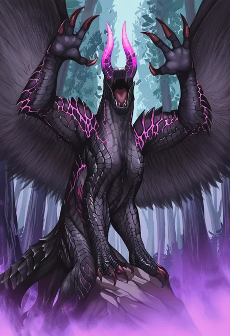 <lora:MH_GoreMagala_a1_13_NoobXL-eps_spnlora1_th-0.7>,SHSLG,748cmstyle,masterpiece,best quality,amazing quality,high quality,very aesthetic,absurdres,newest,shaded,digital media \(artwork\),depth of field,mhgorma,solo,feral,detailed background,three-quarter view,forest,<lora:745cmSDXLvpred75S:0.5>,<lora:GLSHS:0.5>,tail,extra arms,winged arms,hands above head,open mouth,glowing horns,(glowing scales:0.8),no eyes,smoke,