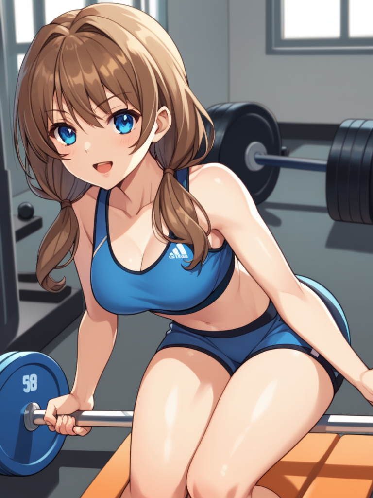 score_9, score_8_up, score_7_up, score_6_up, BREAK masterpiece, perfect face, perfect hands, high quality, source_cartoon, BREAK (1girl, solo,) <lora:Renka_Misaki_-_Akiba_Girls:1> renka, long hair, brown hair, twintails, blue eyes, sports bra, gym shorts, gymnasium, weight bench,
