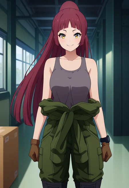 masterpiece, best quality, amazing quality, 1girl, solo, cowboy shot, akiraww, yellow eyes, red hair, long hair, ponytail, blunt bangs, military uniform, grey tank top, jumpsuit around waist, green jumpsuit, wristwatch, brown gloves, black boots, looking at viewer, smile, indoors, day, skindentation, detailed clothing folds, depth of field, sharp, high contrast, dynamic light <lora:Mishima_Akira_Bravern_ill:0.9>