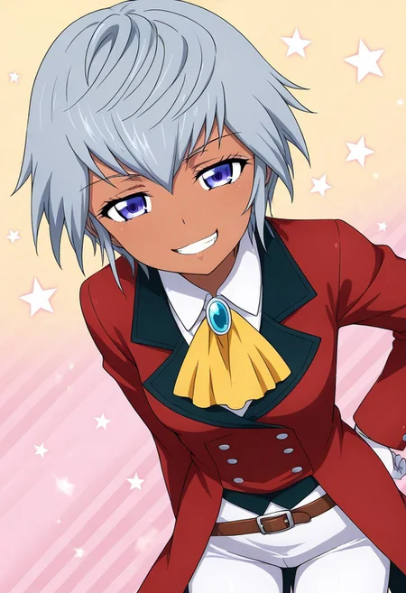 Asana Mutsuba, 1girl, solo, dark skin, short hair, grey hair, white hair, blue eyes, purple eyes, white shirt, blue brooch, red coat, yellow ascot, white gloves, brown belt, white pants,
upper body, face focused,
Hand on hips, both hand on hips, bent over, from front, head tilt,
looking at viewer, smug, half closed eyes, teeth, smile,
simple background, stripped background, yellow striped background, pink striped background, stars on background,