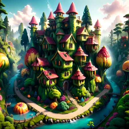 Masterpiece,absurd resolution,8k,high resolution,fruity,
fantasy world,scenery,houses,trees,forest
,<lora:Fruit_world_XL25:1>