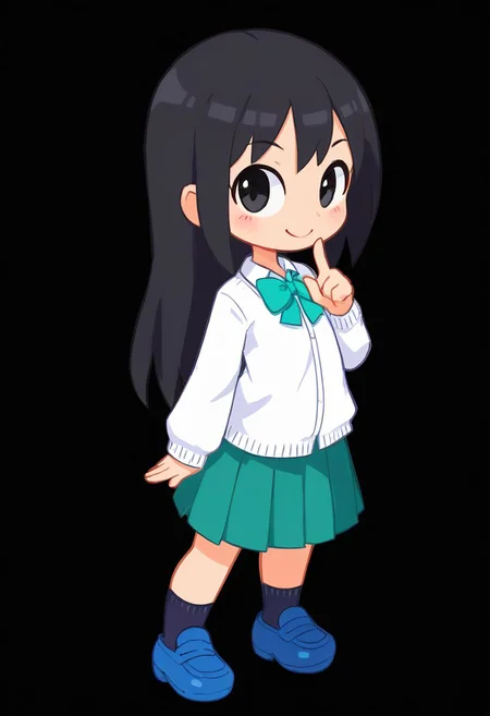 score_9, score_8_up, female, solo, full body, digital art, highly detailed, <lora:CuteMixPDv4:1>, zPDXL2, zPDXLpg, zPDXL, green skirt, white shirt, no background, simple background, black background, standing posture, big eyes, large pupil, look at viewer, school uniform, senior high school uniform, 1girl, long hair, cute, young, high school student, human, Singaporean, black eyes, black hair, smile