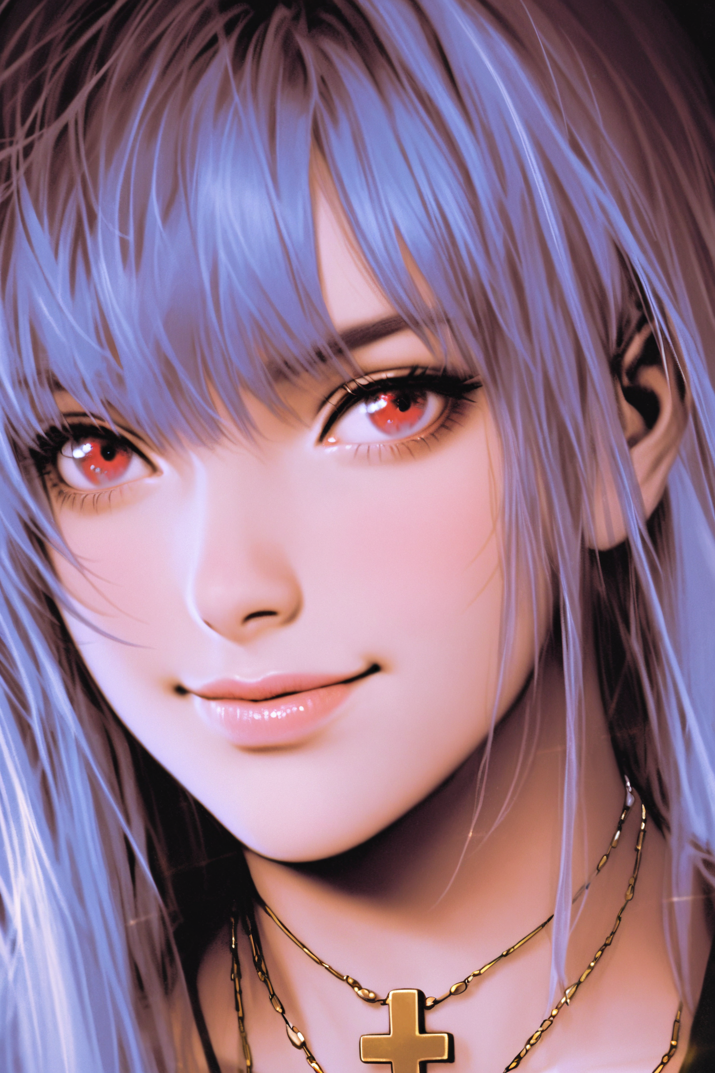 solo,1girl,necklace,kula diamond,jewelry,long hair,cross,cross necklace,portrait,lips,red eyes,smile,blue hair,
<lora:shinkiro_XL_v2:0.8>,