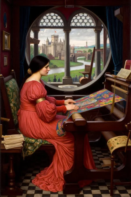 jwwaterhouse1 painting.
A woman sitting inside a medieval castle. She has long dark hair, and is dressed in a flowing, richly detailed red dress with puffed sleeves and a cinched waist. She is working on a weaving loom with colorful textile. Behind her is a large open window showing a castle in the distance. <lora:jwwaterhouse1_cap_d6a3e11:1.0><lora:829537598809611432:0>