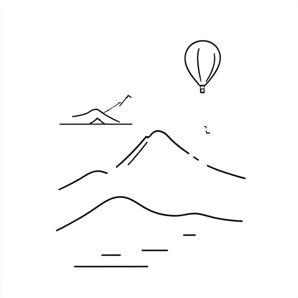 <lora:Simplest_line_art:1> ARSMJSTYLE, simplest line art, art landscape, A black and white illustration of a red balloon floating in the air., no humans, mountain, bird, tree, mount fuji, border, nature, monochrome, white background, lake, outdoors, forest, scenery, simple background, reflection, water
