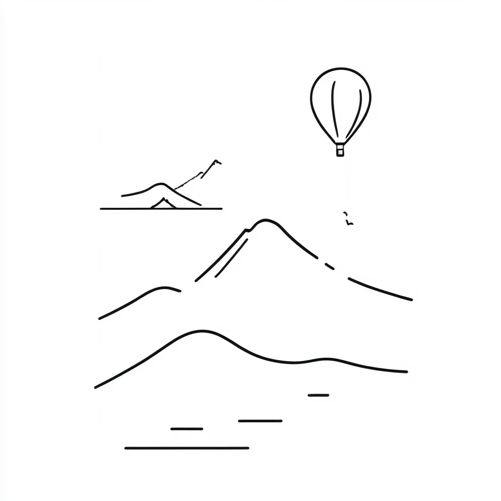 <lora:Simplest_line_art:1> ARSMJSTYLE, simplest line art, art landscape, A black and white illustration of a red balloon floating in the air., no humans, mountain, bird, tree, mount fuji, border, nature, monochrome, white background, lake, outdoors, forest, scenery, simple background, reflection, water