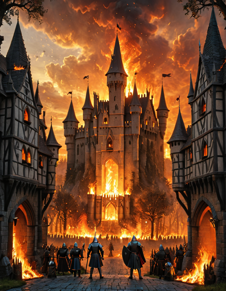 <lora:MW_Minis02xlc:1> m1md, fantasy, sunset, medieval, noone, fire veins, village square, breaking in, forest, knight guard, huge dark magic castle