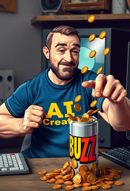 man similar to popeye the sailor with a t-shirt that says "AI Creator" in front of a computer crushing with his hand a can that says "BUZZ" from which many golden coins come out towards the computer