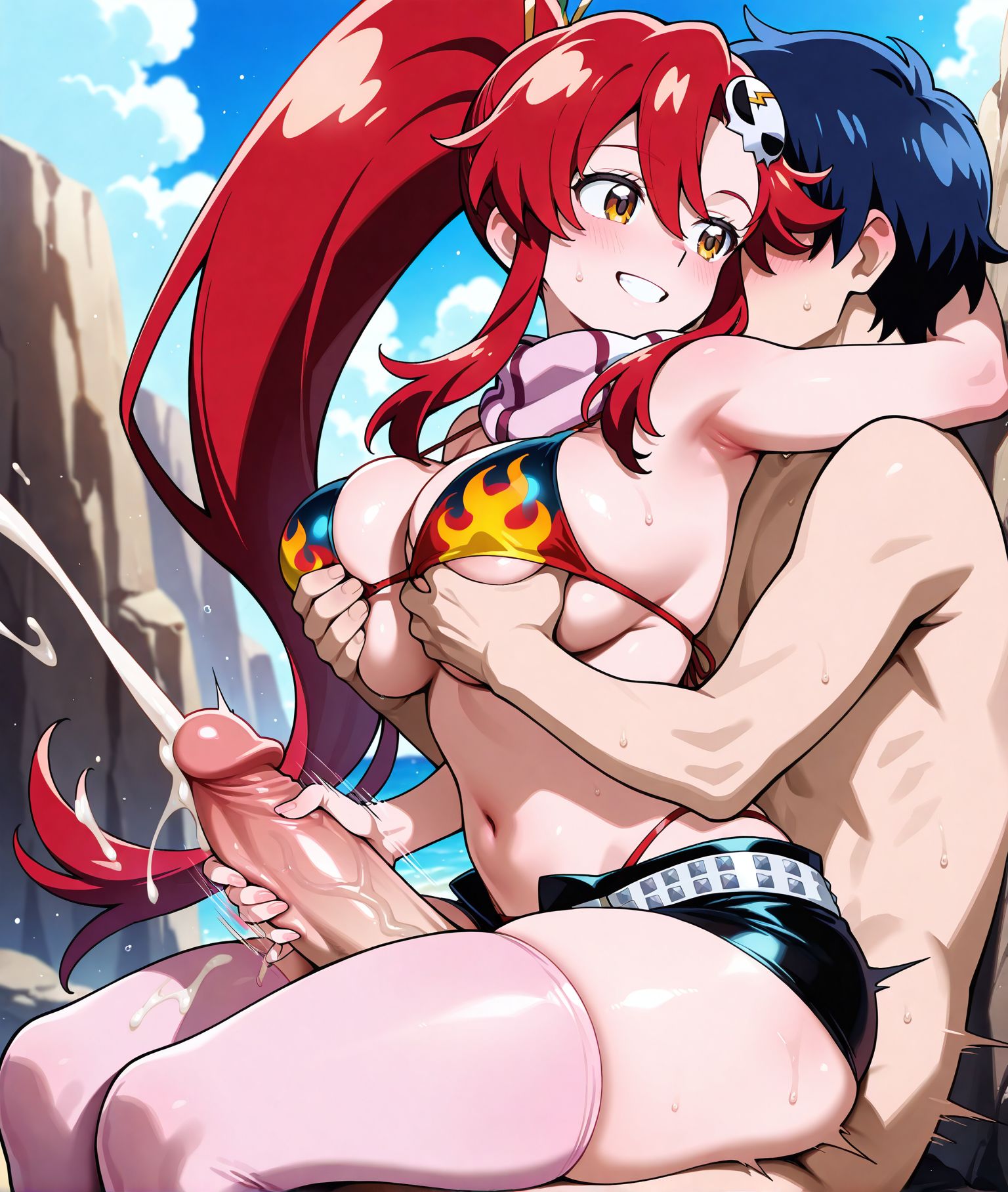 <lora:add-detail-xl:0.5>,,masterpiece,best quality,anime coloring,anime screenshot,
<lora:Thighjob_with_handjob:0.5> Thighjob_V1,
(thighjob:1.2),thighhighs,huge penis,hug from behind,
1girl,1boy,giving handjob with thighjob,penis between thighs,
motion lines,motion blur,projectile cum,precure,
both hands grabbing another's breast,
female handjob,Thighjob with handjob, side view,
sitting on lap,sex from behind, looking to the side, 
BREAK
outdoors, day, rock,Wilderness，
thick thighs, 
Yoko Littne (tengen toppa gurren lagann), 
simon(tengen toppa gurren lagann),
fire bikini,short shorts, 
tengen toppa gurren lagann, official art, 
20YO,milf,adult,