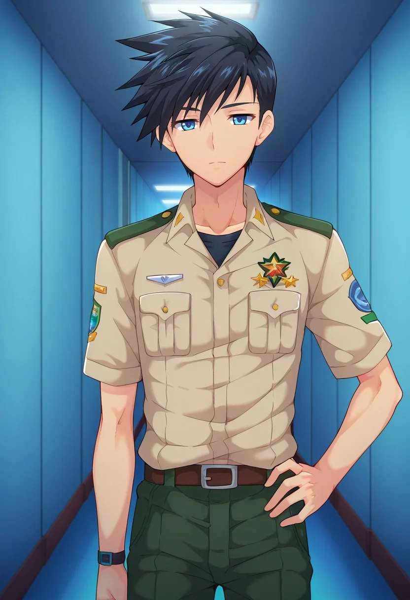 masterpiece, best quality, , anime screencap, , , , , 1boy, solo, male focus, <lora:natsumi_hamasaki_ilxl:0.9>, natsumi_hamasaki, black hair, blue eyes, short hair, uniform, asymmetrical, corridor, midnight, hand on hip, expressionless, shirt,