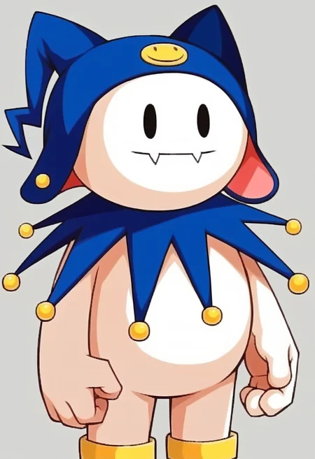 score_9, score_8_up, score_7_up, source_anime BREAK  <lora:zs_FE9PortraitsXL:1>, fe9portraits, solo, cowboy shot, simple background,   <lora:Jack-Frost-pdxl_Fp:1>, jackfrostsmt, creature, white skin, solid oval eyes, :d, fangs, jester cap,  smile,