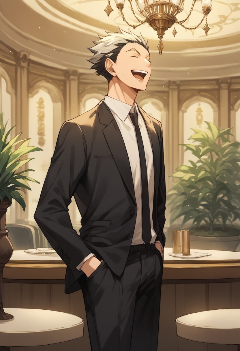 score_9, score_8_up, score_7_up, source_anime, rating_safe, Bokaikyu, 1boy, male focus, black formal suit, black pants, closed eyes, open mouth, wide smile, teeth, hands in pocket, indoor blurry restaurant, plants, chandelier, tables,