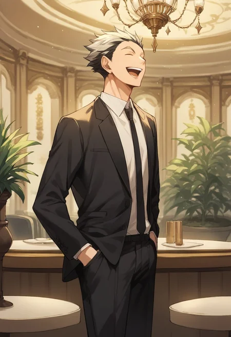 score_9, score_8_up, score_7_up, source_anime, rating_safe, Bokaikyu, 1boy, male focus, black formal suit, black pants, closed eyes, open mouth, wide smile, teeth, hands in pocket, indoor blurry restaurant, plants, chandelier, tables,