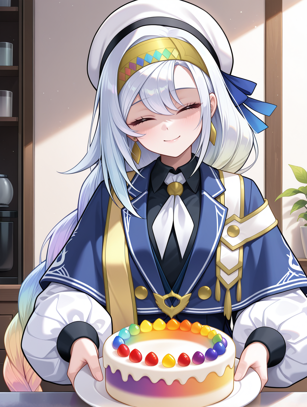 gradient_cake,gradient hair,artmegia finemelt,1girl,solo,smile,closed mouth,puffy long sleeves,white beret,gold hairband,blue capelet,white necktie,black collared shirt,blue dress,gold sash,indoors,shadow,rainbow_cake,rainbow gradient,head tilt,shaded face,cooking,looking at viewer,closed eyes,holding plate,gradient_food
masterpiece,best quality,amazing quality,very aesthetic,absurdres,newest,<lora:Artmegia finemelt illusXL v1.3:0.75>,