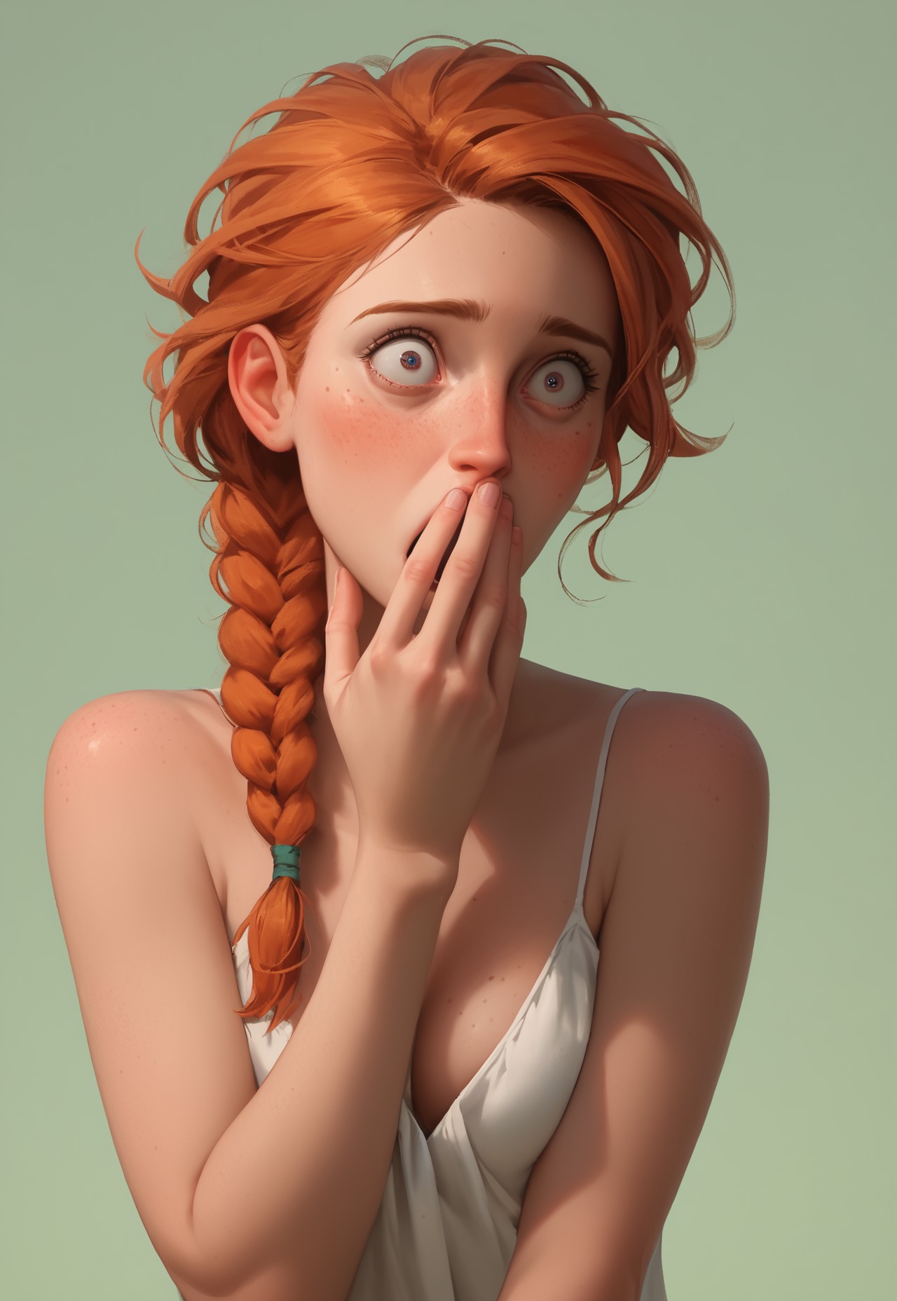 score_9. score_8_up, score_7_up, skinny white woman,[fair skin, ginger hair, braided ponytail, freckled skin], milf, small breasts,  cleavage, hand over own mouth, covering own mouth, covering mouth, shocked, wide open eyes,