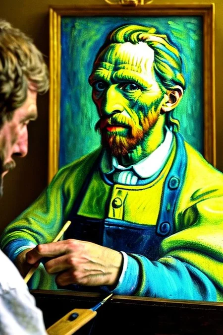 Man looking like Pablo picasso is painting a portrait of vincent van gogh