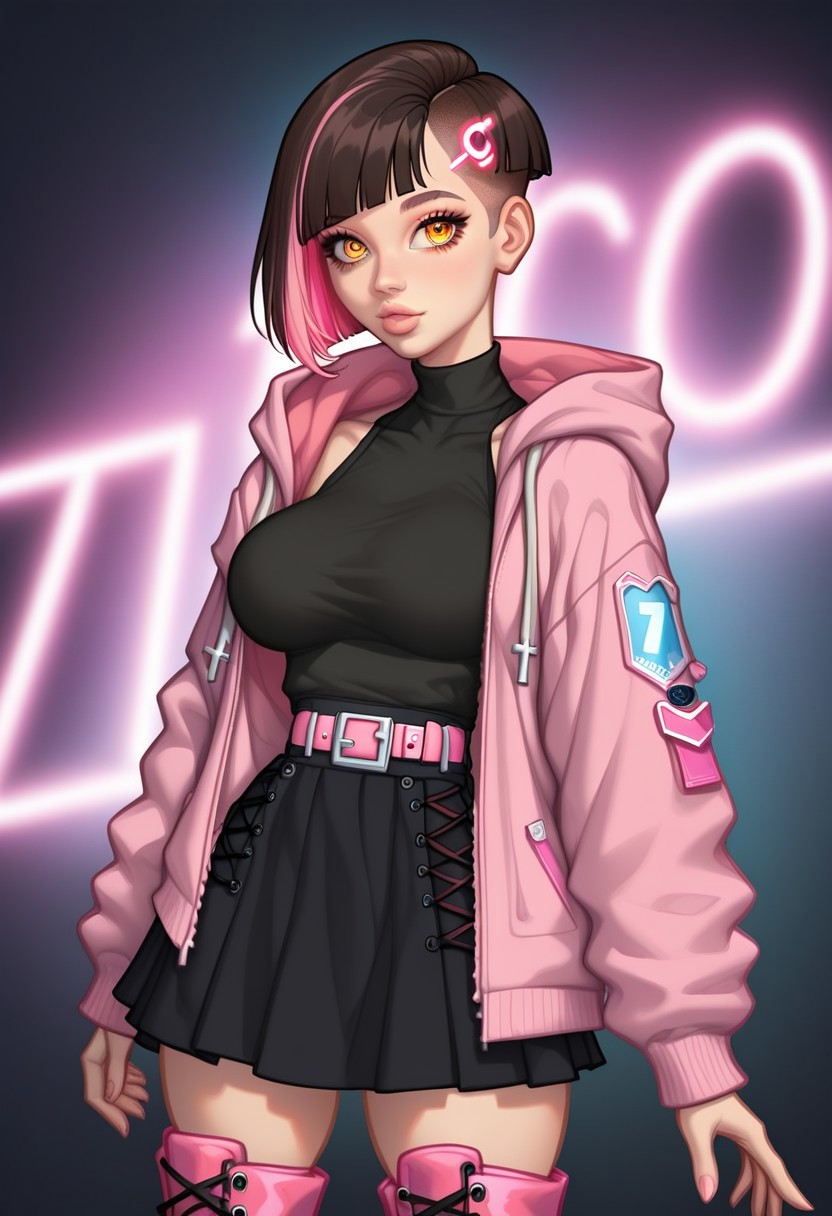 ((masterpiece)), ((best quality)), ((highest resolution)), (skindentation), (extremely detailed), (detailed eyes), (depth of field), (beautiful and sexy detailed eyes:1.2), Miku (amber eyes), (detailed dark iris), (detailed hair strands), (pixie cut, dark hair with neon pink highlights), (perfect and natural lips, glossy lips, round cute face, sexy expression), (large soft breasts, slim waist, wide hips), (focused subject), (black oversized hooded jacket , open jacket, black shirt, body con shirt, sleeveless shirt, neon pink belts, multiple belts, black skirt, very short shirt, tight skirt, cross-laced footwear, high stiletto heel boots, pink boots) (head and shoulders)