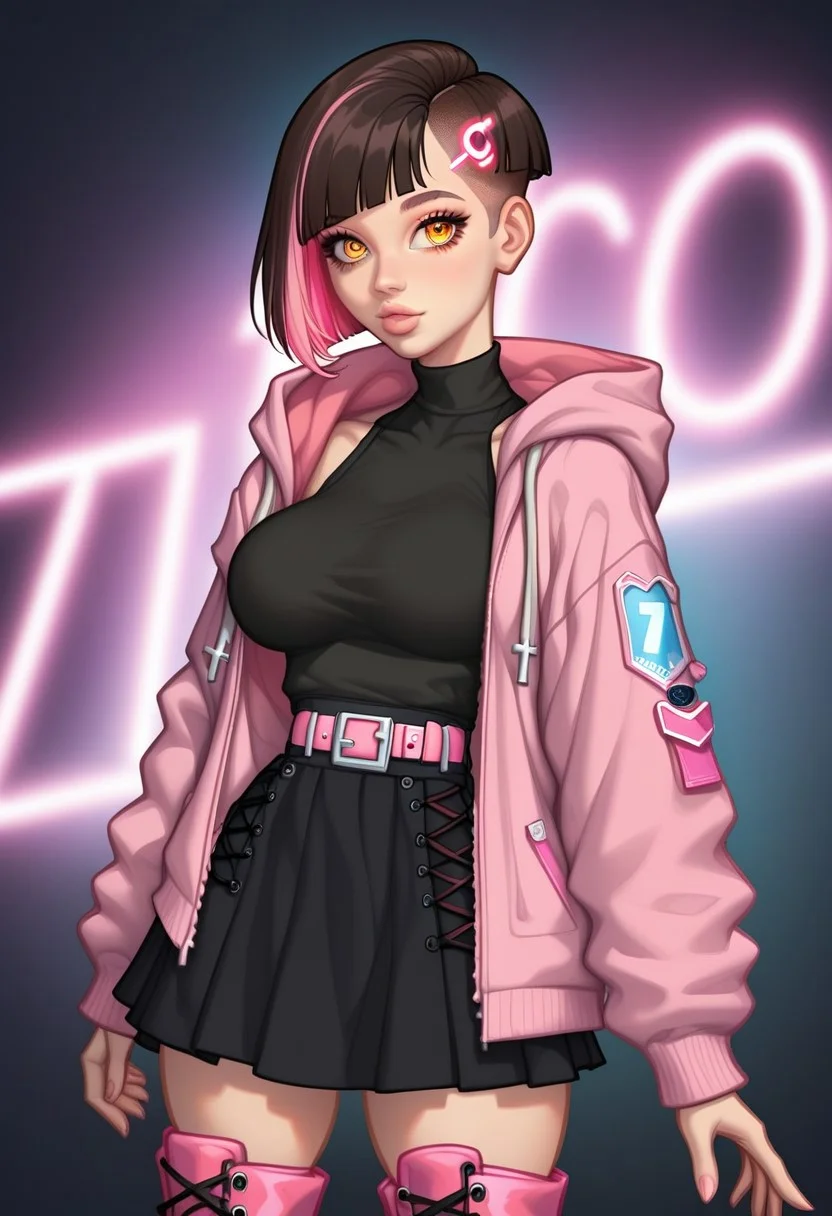 ((masterpiece)), ((best quality)), ((highest resolution)), (skindentation), (extremely detailed), (detailed eyes), (depth of field), (beautiful and sexy detailed eyes:1.2), Miku (amber eyes), (detailed dark iris), (detailed hair strands), (pixie cut, dark hair with neon pink highlights), (perfect and natural lips, glossy lips, round cute face, sexy expression), (large soft breasts, slim waist, wide hips), (focused subject), (black oversized hooded jacket , open jacket, black shirt, body con shirt, sleeveless shirt, neon pink belts, multiple belts, black skirt, very short shirt, tight skirt, cross-laced footwear, high stiletto heel boots, pink boots) (head and shoulders)