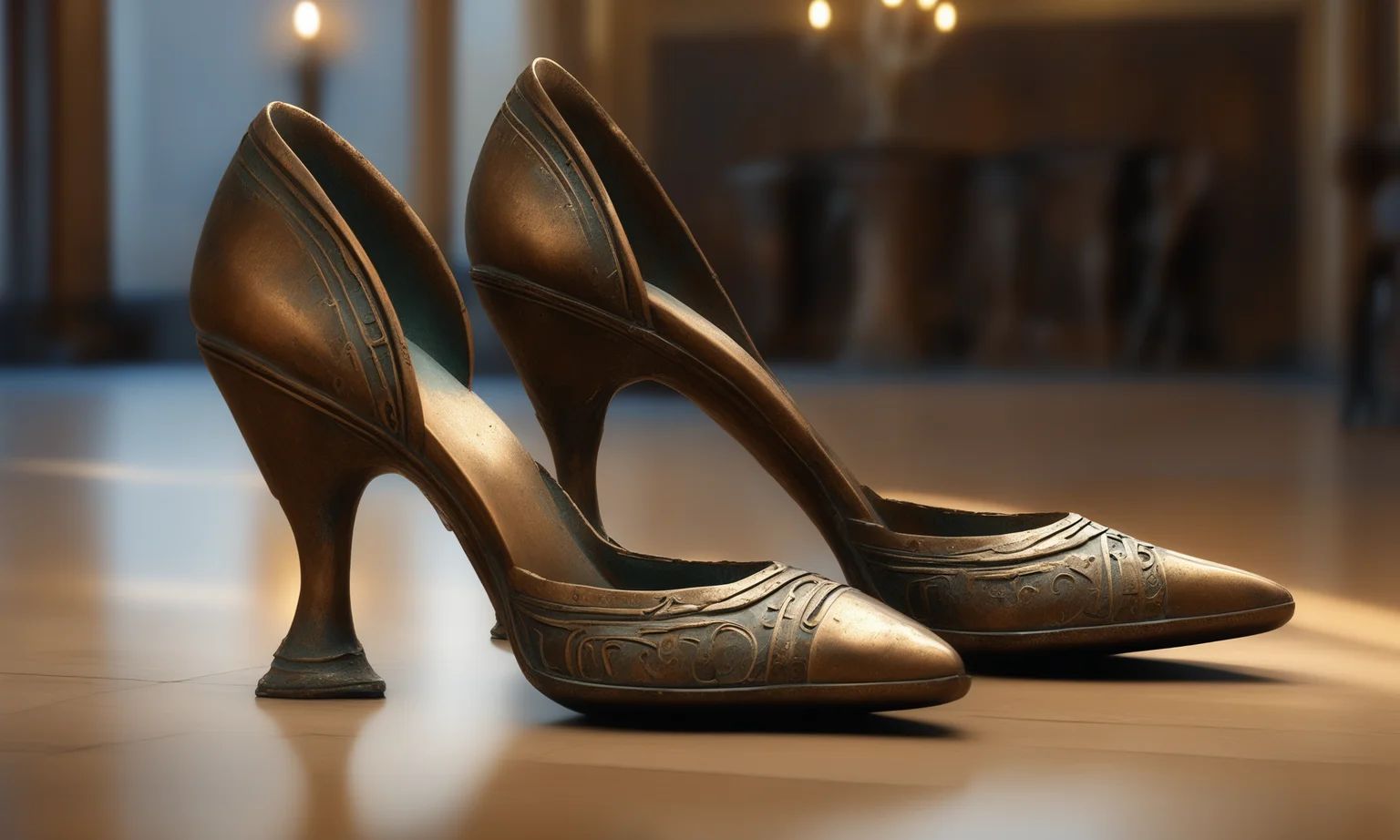 <lora:bronzecd_xl-000006:0.8>,a pair of high heels statue made of bronze on floor,full body,bronzecd_xl,indoors,fine art,(Unbelievable Digital Artwork:1.3),CGSociety,ArtStation,master works, emotional, harmonious, high budget, moody, epic, gorgeous, perfect lighting, realistic, photorealistic, photographic, photo (medium),real, moody lighting, volumetric lighting, reality ray tracing, 8K, HDR, UHD, masterpiece, best quality, highly detailed, high resolution, finely detail, extremely detailed, ultra detailed, wallpaper
