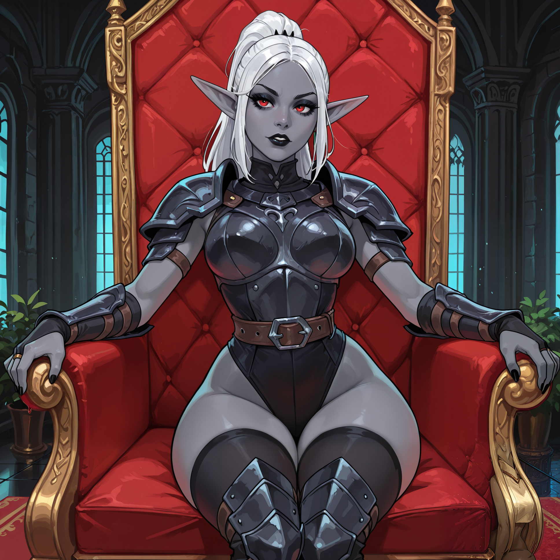 2d, very awa, absurdres,

masterpiece, best quality, highres,

eye contact:1.15, facing viewer:1.25, cowboy shot, dynamic shot, dynamic angle, sexy poses,

sitting on throne,

BREAK

1girl, solo, drow elf, elf ears, grey skin, red eyes, black eyeshadow, black lipstick,

fit body, small narrow waist, wide hips,

BREAK

black dark fantasy armor,

BREAK

detailed background, detailed scenery, indoors, throne room, dark fantasy,