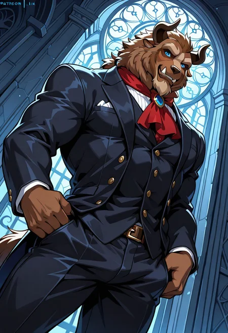 masterpiece, best quality, amazing quality, dynamic angle, dutch angle, gothic background, BREAK
solo, male, dizbeast, furry, male, muscular male, brown fur, blue eyes, horn, animal ears, black jacket, red ascot, black pants, BREAK
<lora:Disneys_Beast_-_Beauty_and_the_Beast_-_ILXL:1>