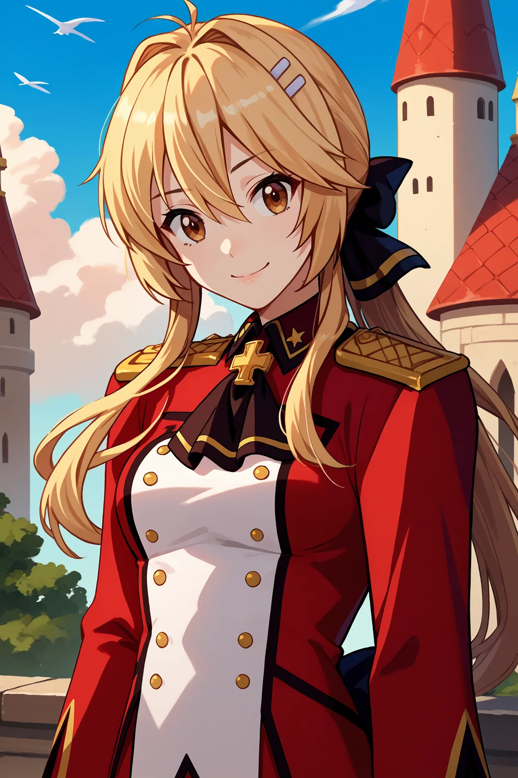 score_9, score_8_up, score_7_up, score_6_up, source_anime, 1girl, solo, <lora:lisciaelfrieden-pdxl-nvwls-v1-000005:1> liscia, blonde hair, low ponytail, brown eyes, hairclip, hair bow, black ascot, red coat, epaulettes, long sleeves, military uniform, red skirt, white pants, blue sky, clouds, looking at you, breasts, upper body, looking at you, smile, castle