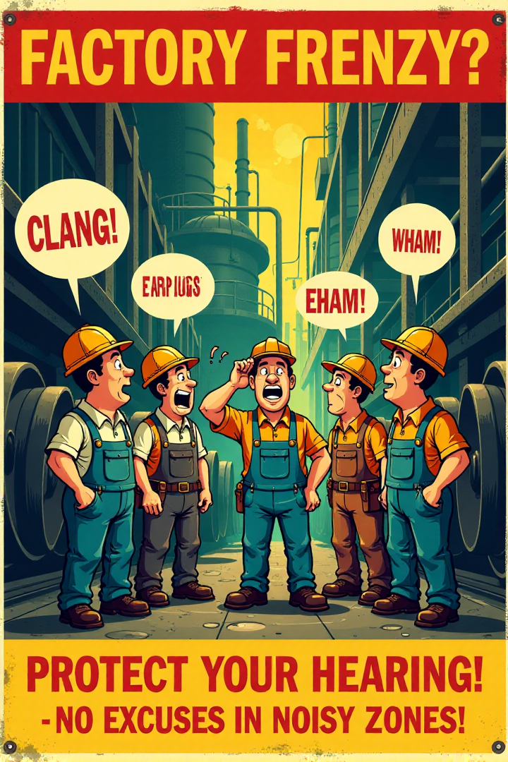 "Vintage safety poster cartoon depicting a group of cartoon workers inside a ridiculously loud factory, surrounded by enormous, clanging machinery and comical sound effect lines ('CLANG!', 'BANG!', 'WHAM!').  None of the workers are wearing hearing protection; they are all yelling at each other with speech bubbles showing garbled, unintelligible text and strained expressions.  One worker is holding his ears in pain, with exaggerated spirals indicating ringing ears.  The sign text loudly proclaims: 'FACTORY FRENZY? PROTECT YOUR HEARING!  EARPLUGS OR EARMUFFS - NO EXCUSES IN NOISY ZONES!'  Render in a dynamic, vintage cartoon style, using exaggerated sound effect lettering and motion lines to convey the deafening noise.  Utilize a visually jarring color palette of clashing yellows, oranges, and reds to emphasize the unpleasantness of loud noise. Visually stunning vintage cartoon, strong safety reminder, high detail in sound effect typography and worker's reactions to noise." <lora:REMEs_War_Poster_Style:0.9> In REME's War Poster Style,âââ